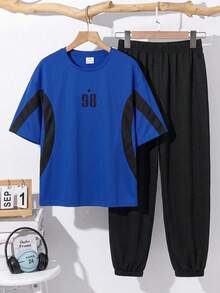 SHEIN 青少年男孩休閒拼色拼接運動圖案圓領短袖上衣與長褲 2件套 適合通勤、上學、日常休閒外出、運動 春夏 - 寶藍色 - 查看 1