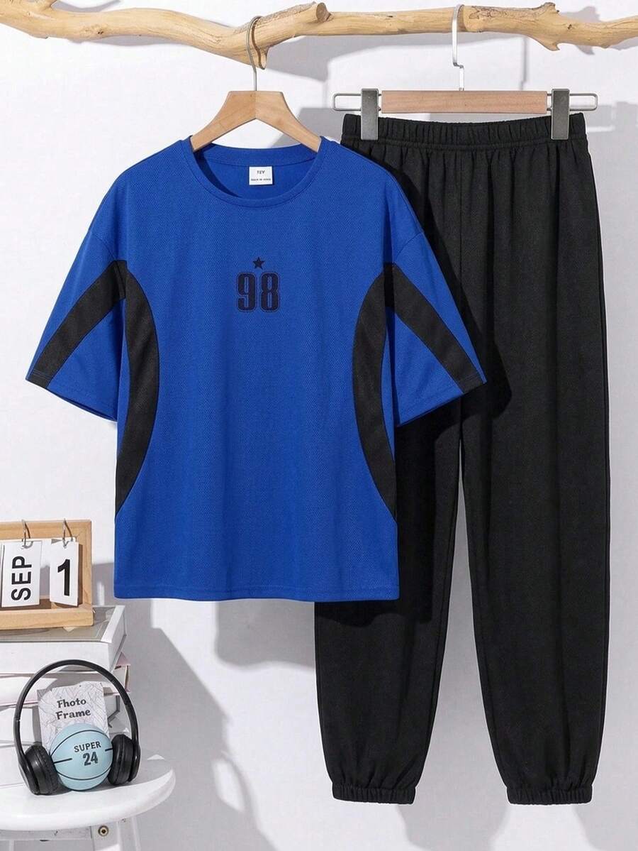 SHEIN 青少年男孩休閒拼色拼接運動圖案圓領短袖上衣與長褲 2件套 適合通勤、上學、日常休閒外出、運動 春夏 - 寶藍色 - 查看 1