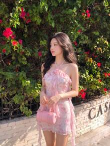 SHEIN MOD Women's Ruffle Halter Dress, French Style White And Pink, Boho Romantic Elegant Clothing, Country Concert, Summer, Wedding Music Festival, Tea Party - Pink - View 2