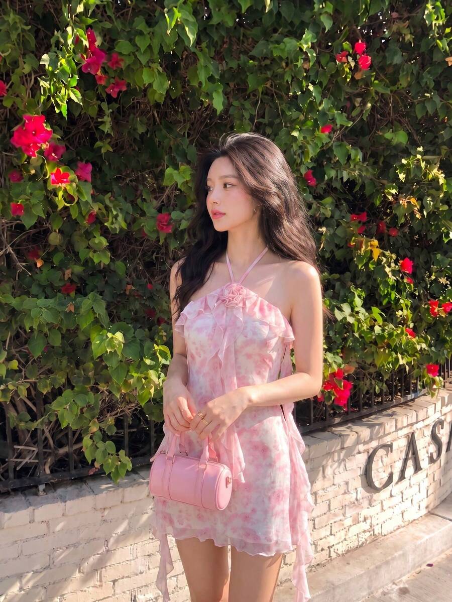 SHEIN MOD Women's Ruffle Halter Dress, French Style White And Pink, Boho Romantic Elegant Clothing, Country Concert, Summer, Wedding Music Festival, Tea Party