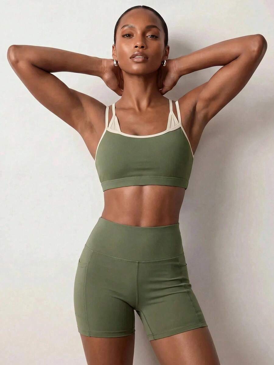 Zivah Women's Colorblock Cropped 2-In-1 Tank Top And Fitted Shorts Sports Set, Summer, For Gym, Running & Fitness Training