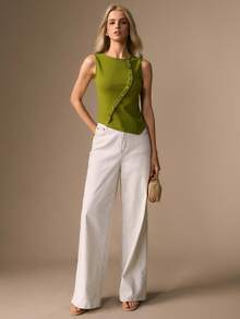 CielaLinda Women's Sleeveless Asymmetric Button Top, Minimalist Chic Tank Top - Green - View 4