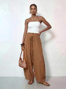 Zivah Women's Summer Brown Striped Boho Vacation Holiday Linen Fabric Loose Harem Lantern Long Pant With Side Pockets,Casual Nomadic Beach Party Outfits - Rust Brown - View 12