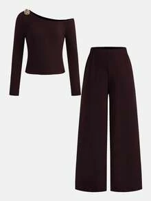 Girlism Kids Tween Girls T-Shirt Co-Ords Autumn Solid-Color Casual Slim-Fit Off-Shoulder T-Shirt And Trousers Set With Metallic Decorative Buckle - Burgundy - View 5