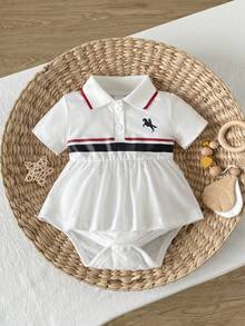 SHEIN Playful Pals 女嬰夏季日常外出度假短袖 Polo 領馬匹印花休閒運動風連身衣 - 白色 - 查看 6