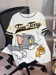 TOM & JERRY X SHEIN 大尺碼女款字母卡通印花圓領短袖休閒T恤 - 白色 - 查看 8
