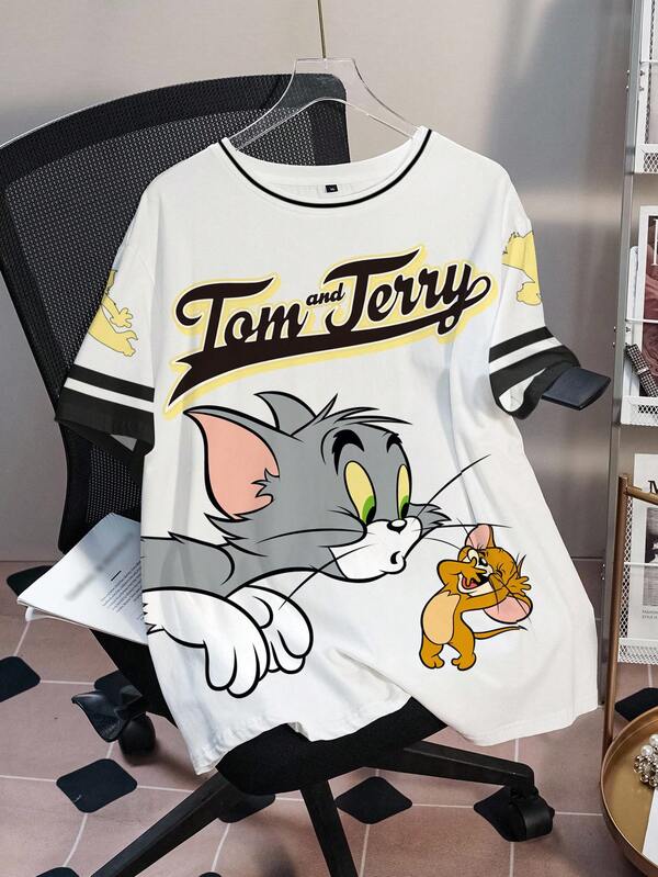 TOM & JERRY X SHEIN 大尺碼女款字母卡通印花圓領短袖休閒T恤