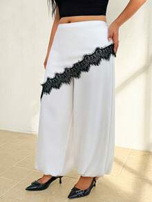 Auralis Plus Size Women's Contrast Lace 2 In 1 Elegant Pants - White - View 7