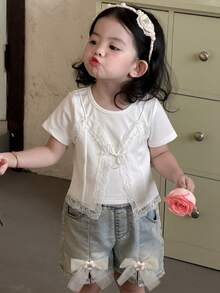 Dazy Kids Young Girls 2 In 1 Lace Patchwork Round Neck Short Sleeve T-Shirt, Fall Clothes - White - View 6