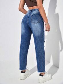 SHEIN EZwear 女款夏季高腰破洞媽媽版牛仔褲 - 深色水洗藍 - 查看 2