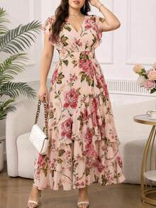 SHEIN Clasi 大码女式碎花荷叶袖优雅连衣裙 - 彩色 - 查看 1