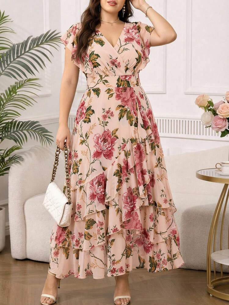 SHEIN Clasi Plus Size Women Floral Print Ruffle Sleeve Elegant Dress Birthday Outfit Prom Long Party Formal Wedding Guest Graduation Mother Pink Floral Summer - Multicolor - View 1