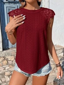 SHEIN Frenchy 對比色蕾絲後綁帶紋理布料女式襯衫 - 酒紅色 - 查看 5