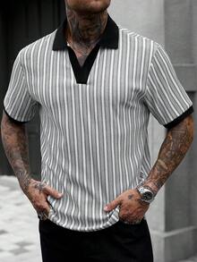 Manfinity CasualCool 男士休閒 INS 風格對比條紋紋理布料日常街頭穿搭男友丈夫禮物週年紀念禮物對比拼接 Polo 衫 - 彩色 - 查看 4