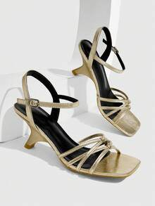 CUCCOO SZL Women's Spring And Summer New Fashion Gold Square Toe Buckle High-Heeled Sandals, Outdoor Vacation Party Commuter High-Heeled Sandals - Gold - View 1