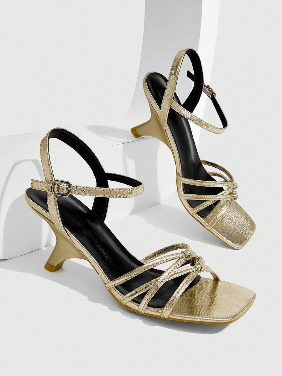 CUCCOO SZL Women's Spring And Summer New Fashion Gold Square Toe Buckle High-Heeled Sandals, Outdoor Vacation Party Commuter High-Heeled Sandals - Gold - View 1