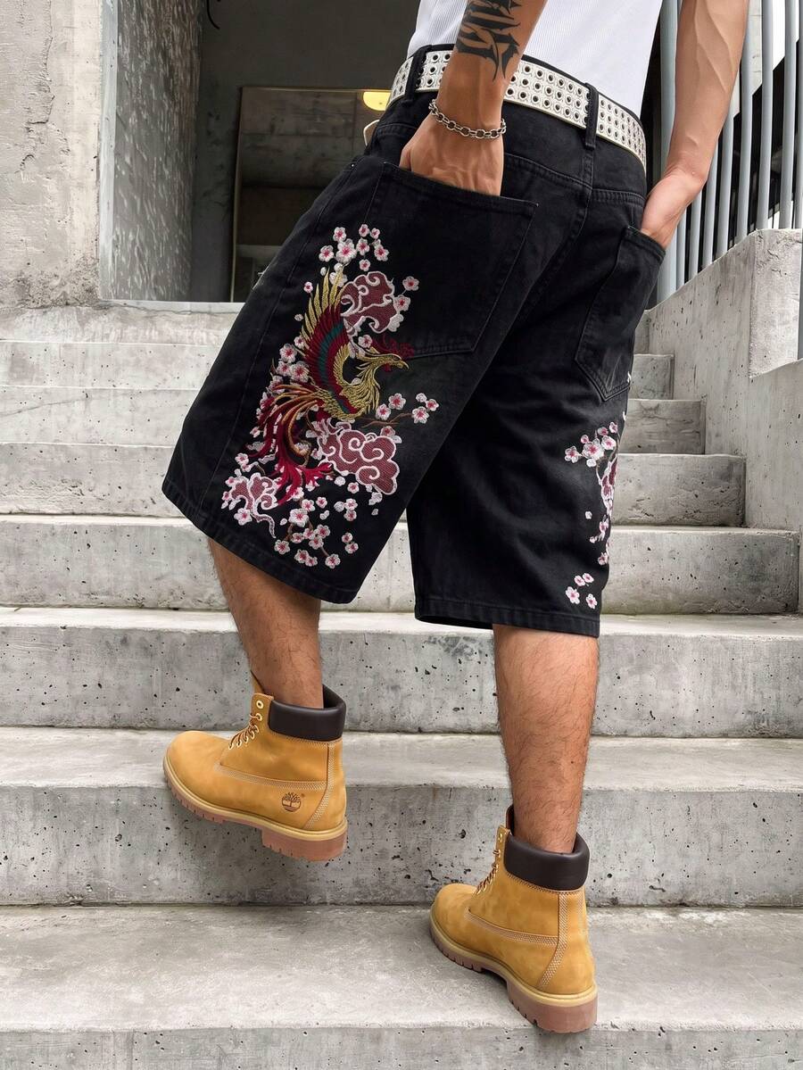 Manfinity EMRG 男士休閒街頭風刺繡黑色牛仔短褲 - 黑色 - 查看 1