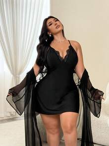 NU&NOW Plus Size 2pcs Long Sleeve Sexy Hot Girl Influencer Elegant Pajama Set For Party Fall - Black - View 4