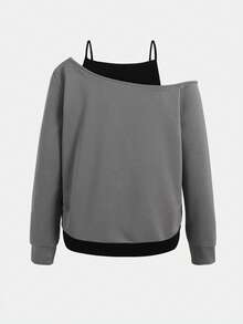 SHEIN 青少年女孩童裝休閒極簡街頭 Y2K 吉他圖案印花拼色 2 合 1 寬鬆長袖衛衣外套，獨特設計上衣，秋冬時尚穿搭 - 深灰色 - 查看 2