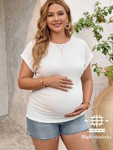 Plussiva 大尺碼孕婦白色圓領插肩袖修身百褶上衣，提花，夏季寬鬆度假性別揭曉拍照正式款 - 白色 - 查看 1