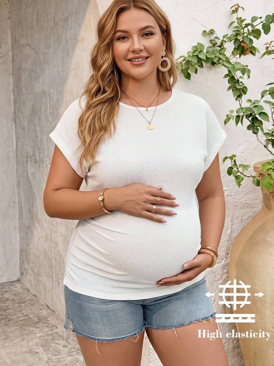 Plussiva 大尺碼孕婦白色圓領插肩袖修身百褶上衣,提花,夏季寬鬆度假性別揭曉拍照正式款 - 白色 - 查看 1