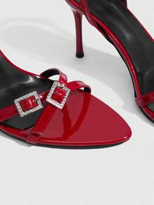 CUCCOO SZL Multi-Color Patent Leather Stiletto Sandals Rhinestone Square Buckle Pointed Shoes Sexy Dating - Red - View 5