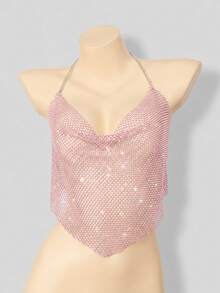 VaVaBold Rhinestone Studded Fishnet Overlay Cami Top For Holiday Party Clothes - Purple - View 1