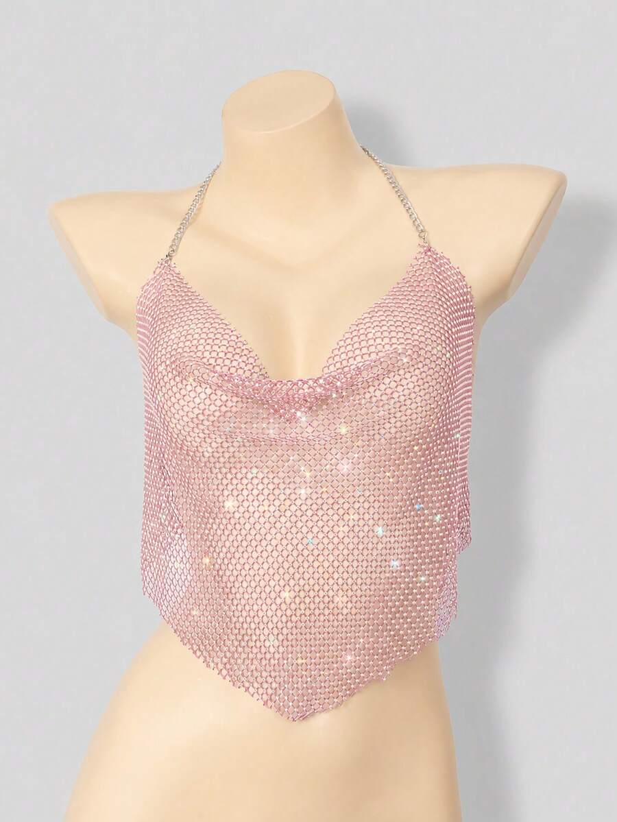 VaVaBold Rhinestone Studded Fishnet Overlay Cami Top For Holiday Party Clothes - Purple - View 1