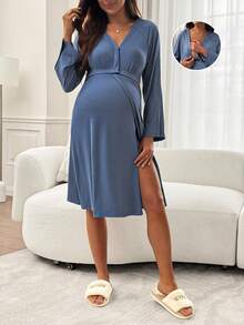 Slowluna 孕婦純色哺乳洋裝開衩設計 - 藍色 - 查看 9