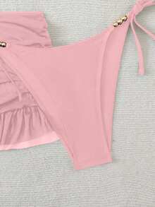 Swim SXY 女款夏季性感純色V領掛脖綁帶比基尼三件套，附外罩衫 - 粉色 - 查看 6
