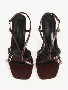 CUCCOO CHICEST French Premium Brown Square Toe Button High Heel Sandals, Commuter Dating Versatile Open Toe Slingback Sandals - Brown - View 2