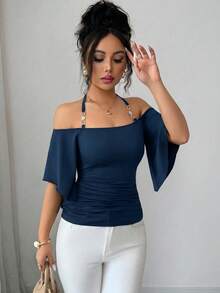 SHEIN Elenzya 女款純色細肩帶背心T恤，露肩短袖簡約優雅修身抓皺上衣，春夏新款，適合日常通勤、音樂節、晚餐、派對、度假，復古百搭 - 藏蓝色 - 查看 6