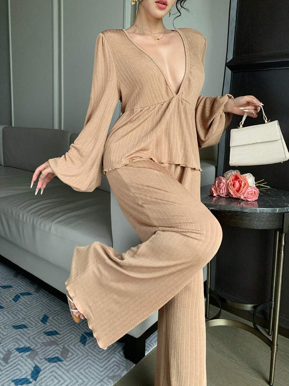 Summer & Autumn Deep V-Neck Lantern Sleeve Khaki Casual T-Shirt & Wide Leg Long Pants, Elegant Wedding & Commute Women's 2-Piece Set