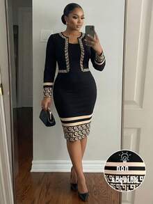 SHEIN Lady Women's Geometric Print Patchwork Long Sleeve Fitted Elegant Mature Classy Mid-Length Dress Teachers' Day Dinner Office Black And Gold Autumn - Multicolor - View 1