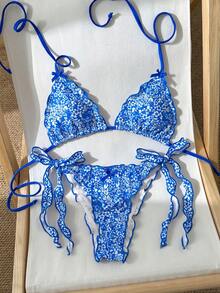 SHEIN Swim 2件組女款開衩比基尼泳衣沙灘裝，適合海灘與泳池派對，夏季性感可愛休閒成熟時尚優雅，白藍花卉圖案 - 藍色 - 查看 1