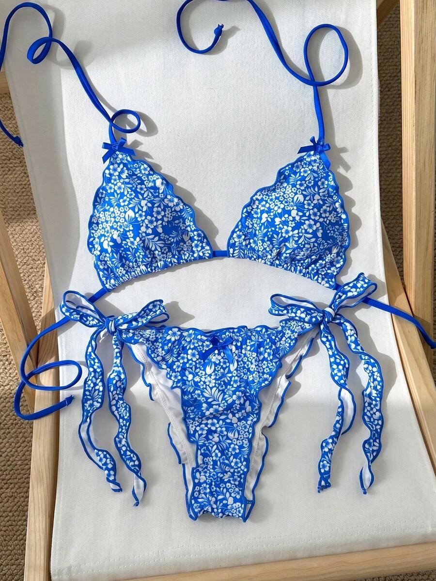 SHEIN Swim 2件組女款開衩比基尼泳衣沙灘裝，適合海灘與泳池派對，夏季性感可愛休閒成熟時尚優雅，白藍花卉圖案 - 藍色 - 查看 1