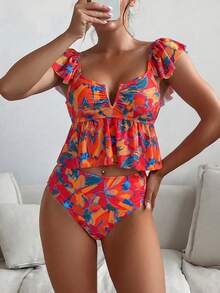Swim Lushoire 女款復古熱帶花卉印花飛袖V領荷葉邊兩件式比基尼泳衣套裝，高腰收腹度假泳裝 - 彩色 - 查看 1