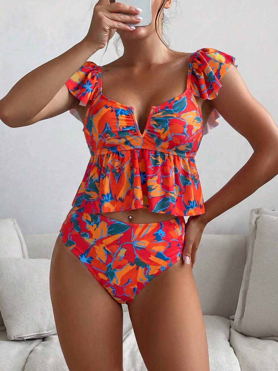 Swim Lushoire 女款復古熱帶花卉印花飛袖V領荷葉邊兩件式比基尼泳衣套裝,高腰收腹度假泳裝 - 彩色 - 查看 1