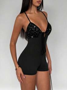TRNVIE Jumpsuit Payet Pelangsing untuk Wanita untuk Musim Panas - Hitam - View 1