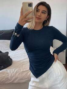 DAZY Asymmetrical Design Fitted Long Sleeve Women T-Shirt,Fall Clothes - Navy Blue - View 15