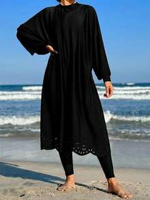 Swim Mulvari Women's Burkini Laser Cutout Bohemian Loose Full Coverage Modest Elegant Half-Zip Pullover Swimsuit Spring Summer Muslim - Black - View 6