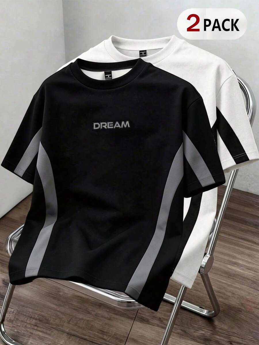 Manfinity Joysei Men's Contrast Print 2-Piece T-Shirt Set, Suitable For Spring And Summer Wear - Black and White - View 1