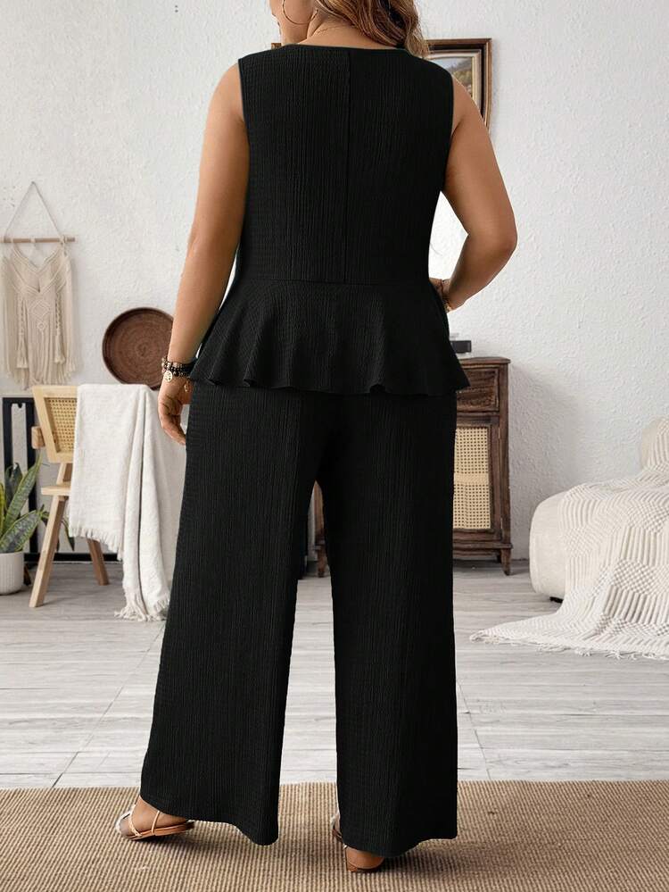 SHEIN LUNE Plus Size Solid Color Vacation Casual Vest And Long Pants Two Pieces Set - Black - View 2