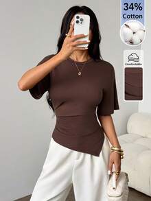 SHEIN PETITE 女款休閒百搭棕色圓領收腰不對稱夏季上衣，適合嬌小女性 - 棕色 - 查看 6