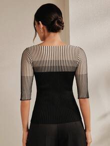 Anewsta French Style Spring/Summer Elegant Sophisticated Sexy Hollow Mesh Fitted Knit Top T-Shirt - Black - View 7