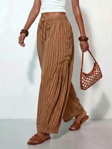 Zivah Women's Summer Brown Striped Boho Vacation Holiday Linen Fabric Loose Harem Lantern Long Pant With Side Pockets,Casual Nomadic Beach Party Outfits - Rust Brown - View 4