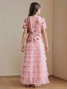Anewsta Girls' Elegant Playful Cute Princess Dress, Birthday Party Banquet Vine 3D Embroidered Round Neck Short Sleeve Waist-Cinching A-Line Puff Cake Long Dress - Baby Pink - View 7