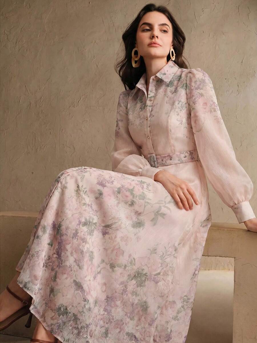 Anewsta 春夏優雅宮廷風花卉印花長袖泡泡袖長洋裝女款,情人節洋裝 - 粉色 - 查看 1