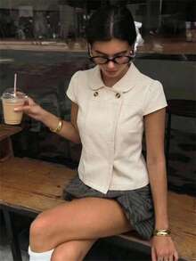 Aloruh Women's Elegant Preppy Cute Stand Collar Houndstooth Print Loose Short Sleeve Blouse Back-To-School Brunch Beige Summer - Multicolor - View 1