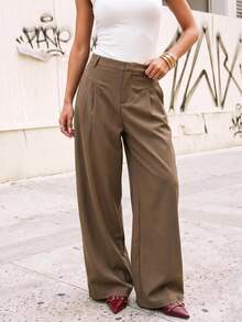 Avantive Women's Solid Color Pleated Wide Leg Loose Casual Long Pants - Cocoa - View 10